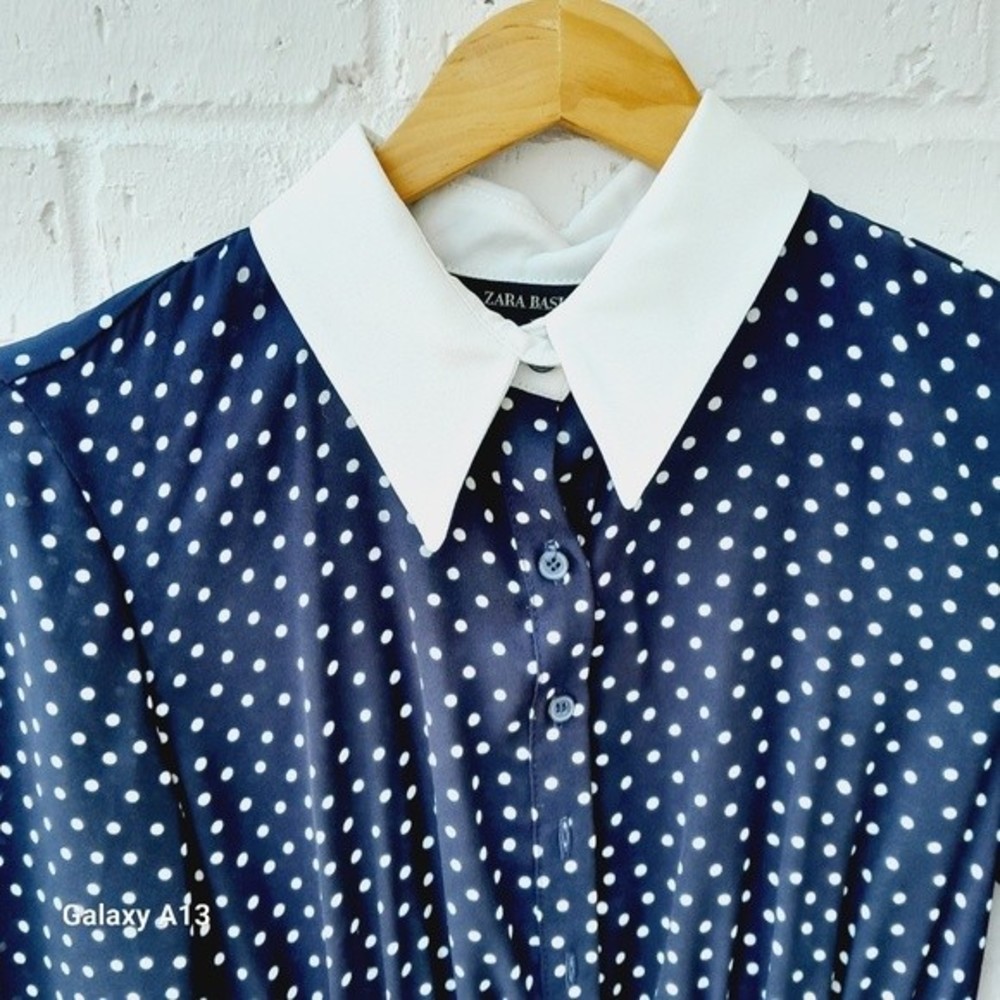 Zara Navy Blue Polka Dot Midi Dress with White Collar - Picture 3 of 7